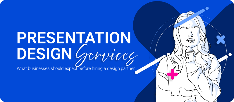 An illustration of a person thinking with text on the left reading Presentation-Design-Services-Hiring-Guide