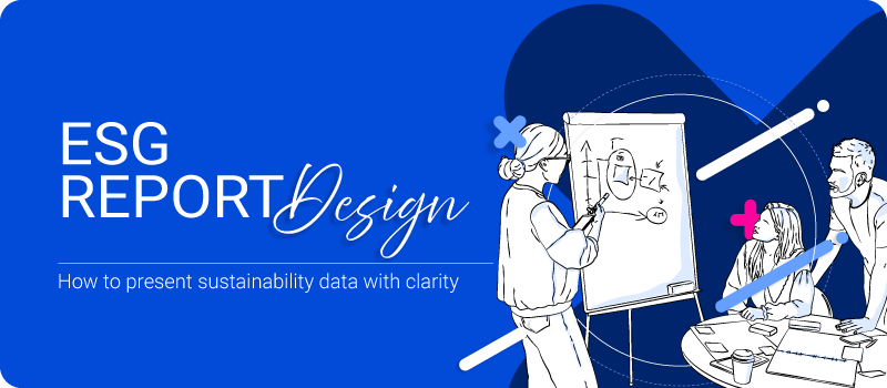 ESG report design illustration with sustainability data, charts, and business professionals
