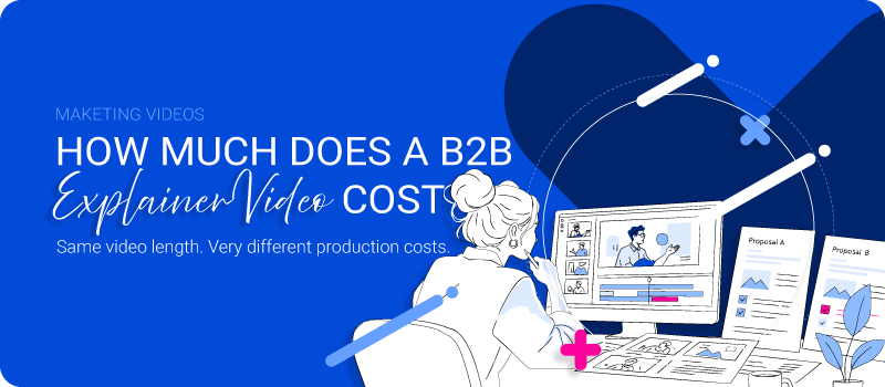 Illustration of a professional reviewing B2B explainer video production proposals, storyboards, and an animation timeline, with Extended Frames branding in blue and white.