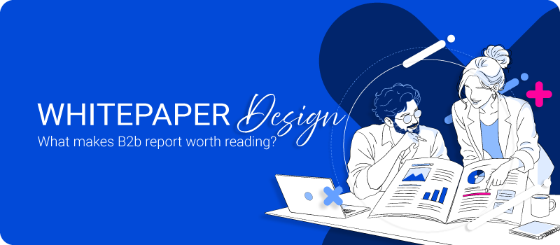 Illustration of two B2B professionals reviewing an open whitepaper with charts and data, highlighting research, collaboration, and report design.